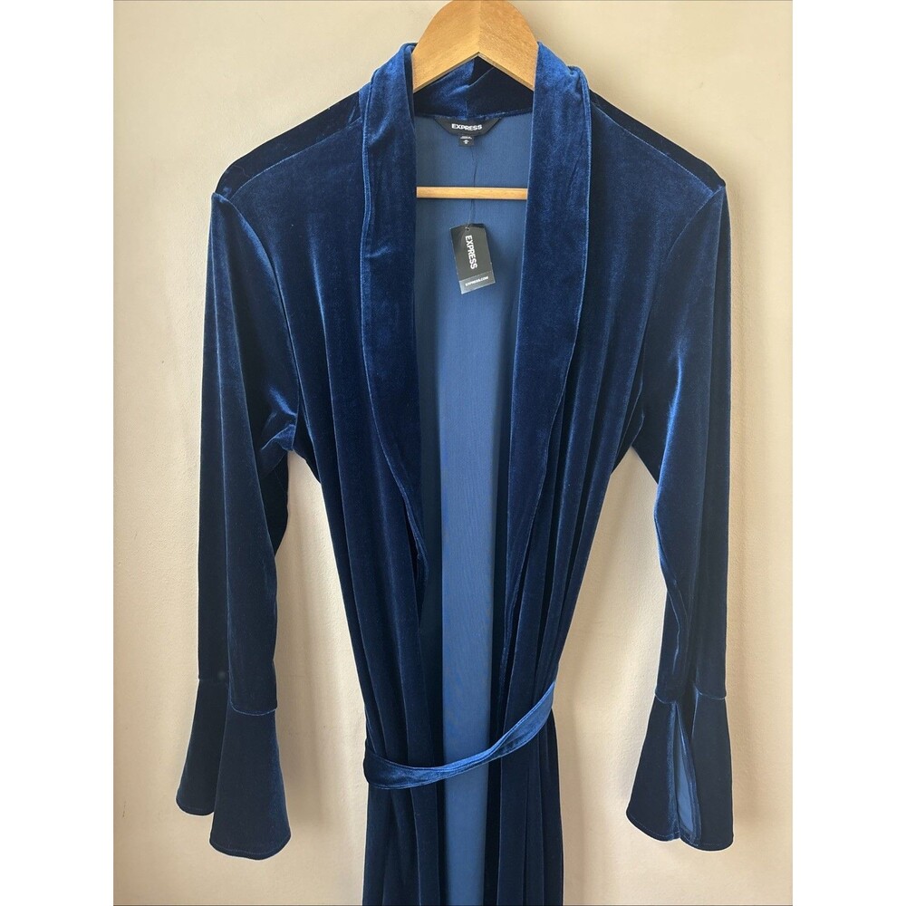Express Velvet Robe Cardigan Womens M Blue Bell Sleeve Tie Waist NWT